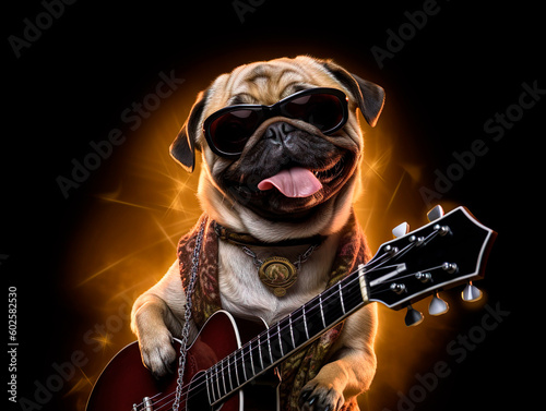 A pug dog rock star in sunglasses with a guitar. Artist and musician performs like rockstar. Generative Ai technology.