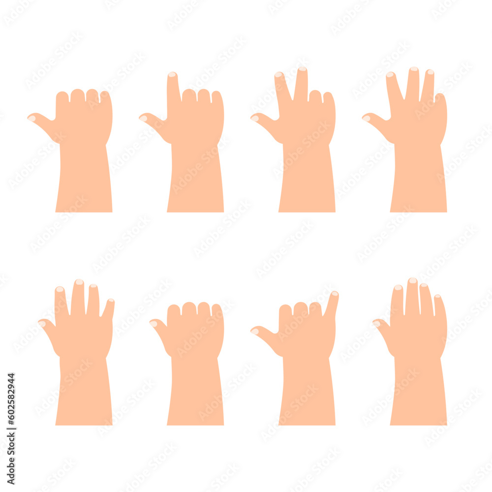 Hands of kids palms down counting number six to nine and posing hand signal set in flat design vector Hands of kids palms down counting number six to nine and posing hand signal set in flat design vector