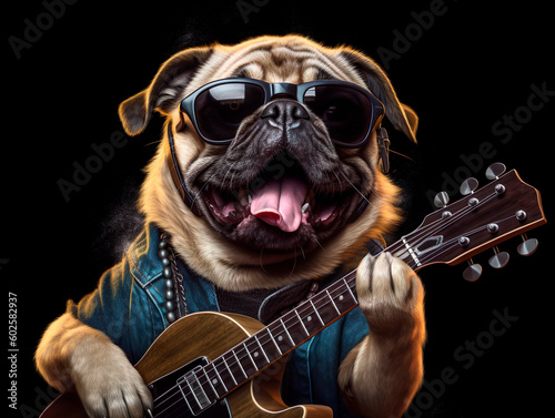 A pug dog rock star in sunglasses with a guitar. Artist and musician performs like rockstar. Generative Ai technology.