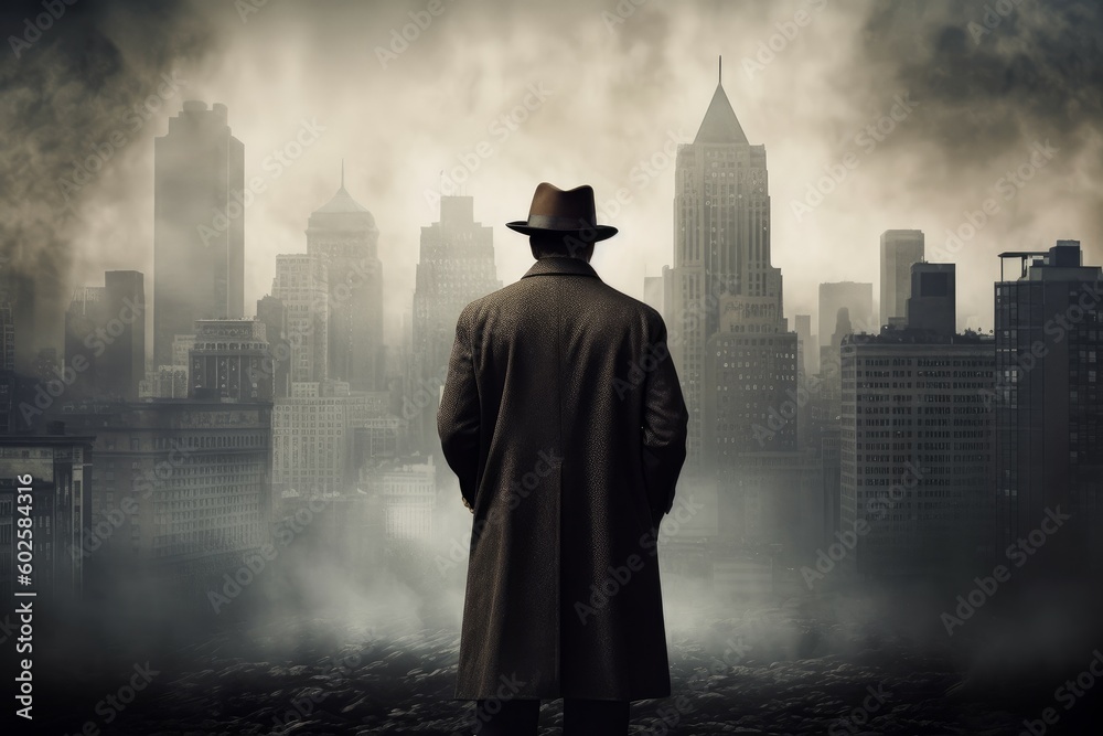 Obraz premium American man look at fog city. Generate Ai