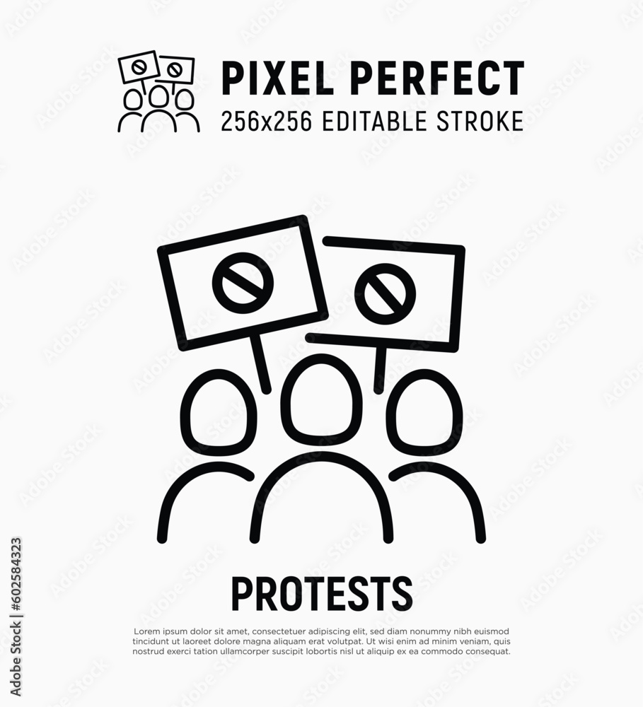 Protest, demonstration thin line icon, group of people holding banner. Editable stroke. Modern vector illustration. Protest, demonstration thin line icon, group of people holding banner. Editable stroke. Modern vector illustration.