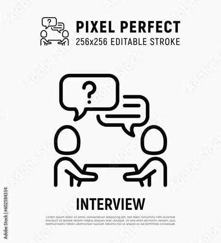 Interview thin line icon. Employment, hr, meeting, one person answers the questions. Editable stroke. Vector illustration.