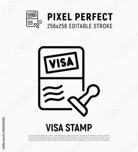 Visa stamp in passport thin line icon. Immigration, tourism. Editable stroke. Vector illustration.