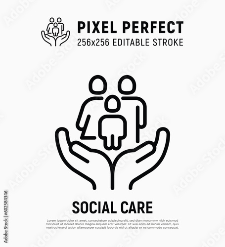 Social care, family with child in hands. Health insurance, charity, donation. Thin line icon, editable stroke. Vector illustration.