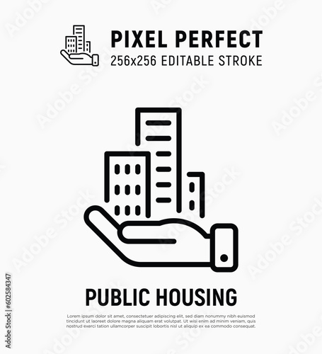 Public housing, affordable housing for immigrants. Building in hand thin line icon. Vector illustration.