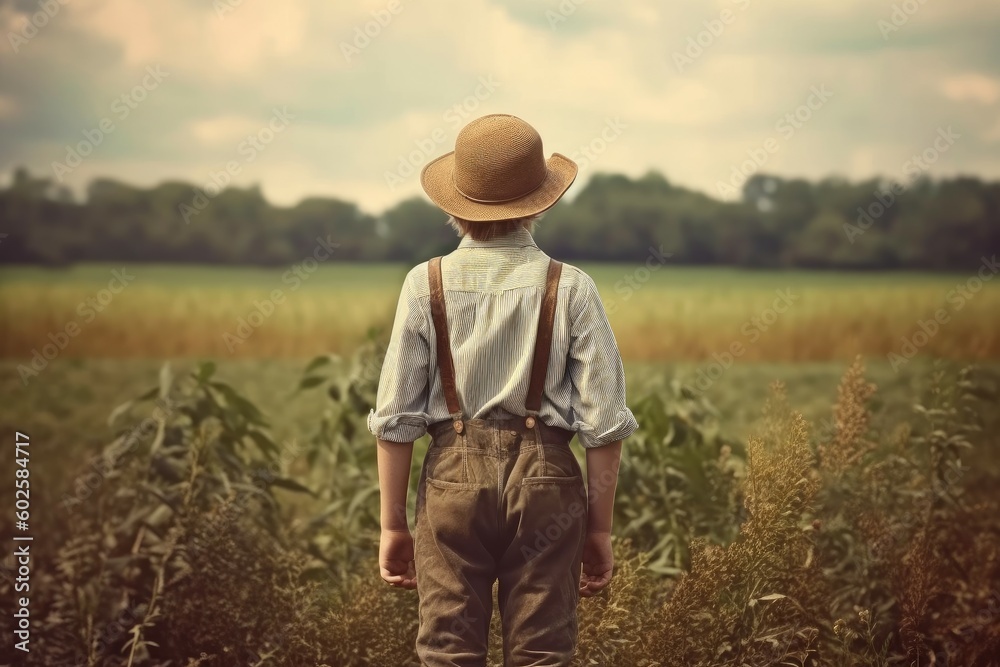 American farmer boy at field. Generate Ai