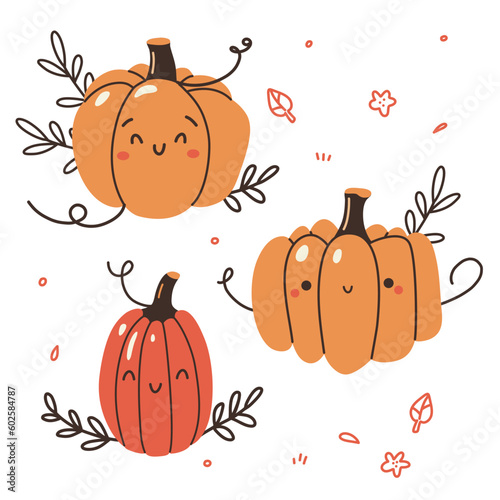 Cute pumpkins kawaii characters. Vector clip art illustrations. 