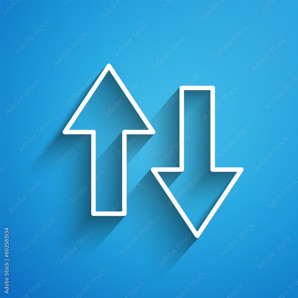 White line Arrow icon isolated on blue background. Direction Arrowhead symbol. Navigation pointer sign. Long shadow. Vector White line Arrow icon isolated on blue background. Direction Arrowhead symbol. Navigation pointer sign. Long shadow. Vector
