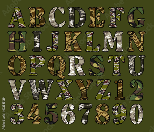 Font and number with camouflage mimetic texture vector pattern alphabet collection