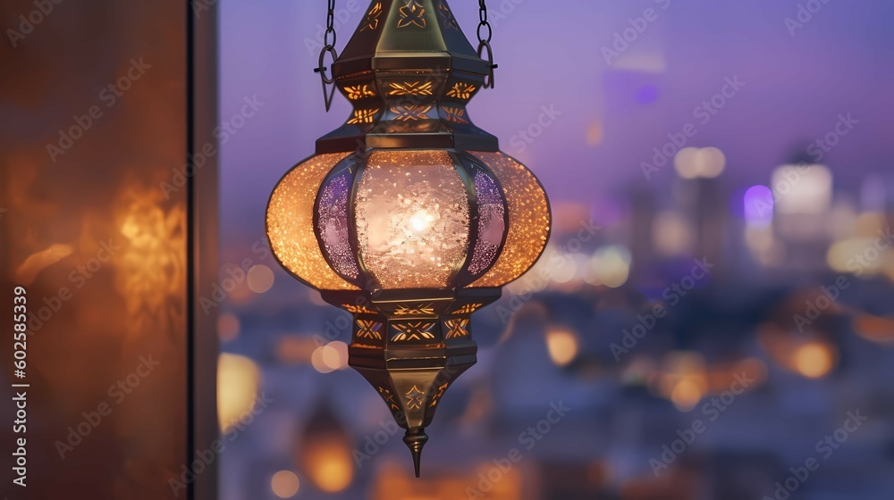 Ornamental Arabic lantern with burning candle glowing at night. Generative AI