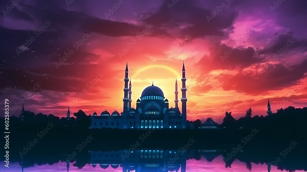 Mosque sunset sky, moon, holy night, islamic night and silhouette mosque, islamic wallpaper. Generative AI