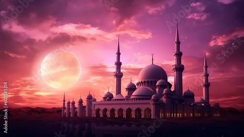 Mosque sunset sky, moon, holy night, islamic night and silhouette mosque, islamic wallpaper. Generative AI © Alex Bur