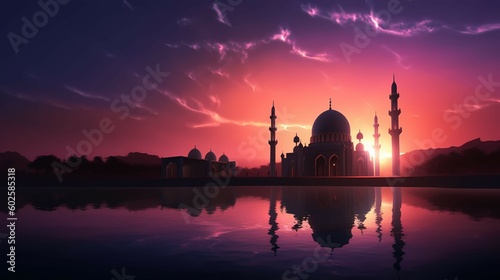 Mosque sunset sky, moon, holy night, islamic night and silhouette mosque, islamic wallpaper. Generative AI