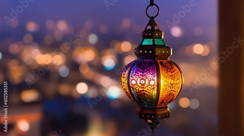 Ornamental Arabic lantern with burning candle glowing at night. Generative AI