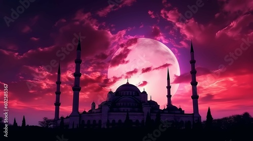 Mosque sunset sky, moon, holy night, islamic night and silhouette mosque, islamic wallpaper. Generative AI