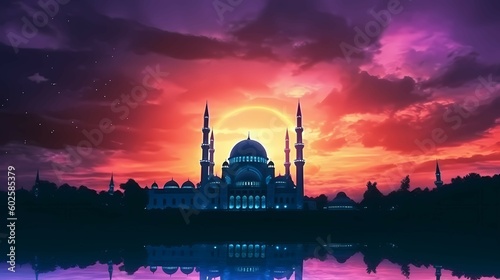 Mosque sunset sky, moon, holy night, islamic night and silhouette mosque, islamic wallpaper. Generative AI