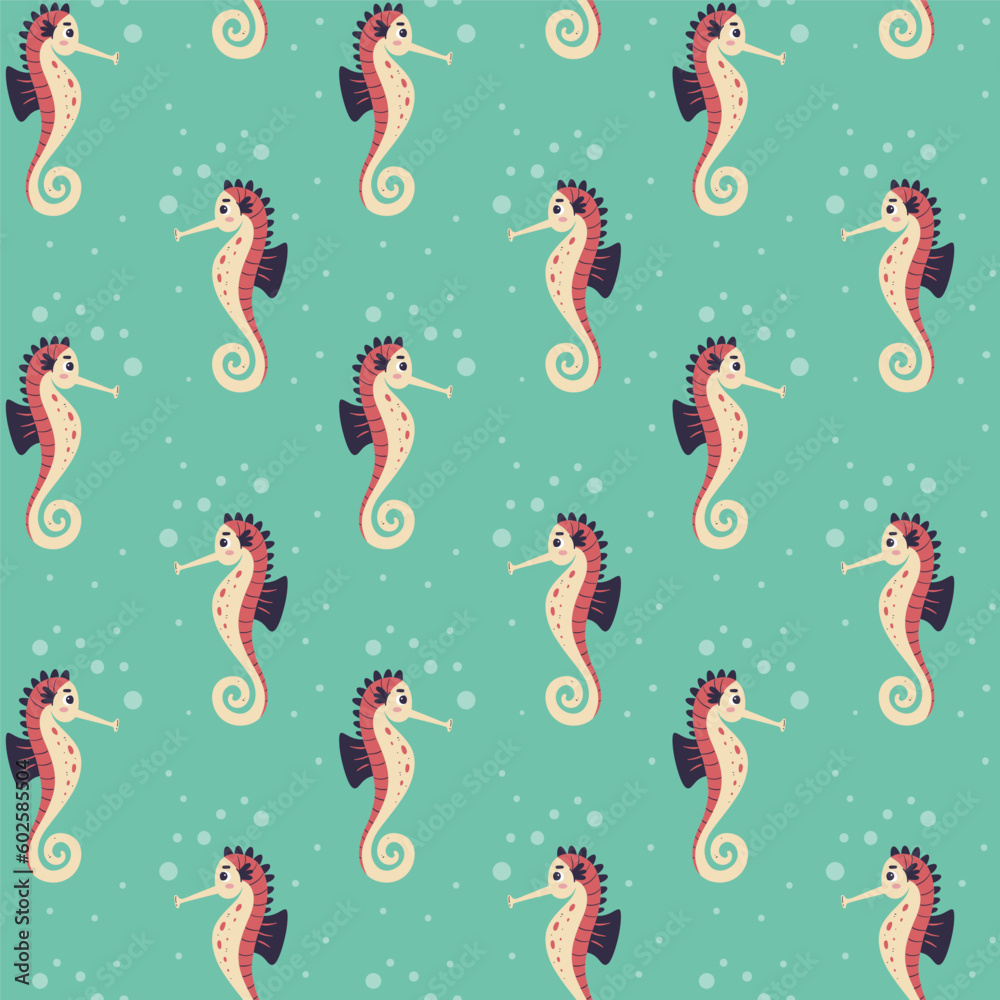 Cute seahorse seamless pattern with decorative bubbles, isolated on turquoise background. Hand-drawn vector illustration.