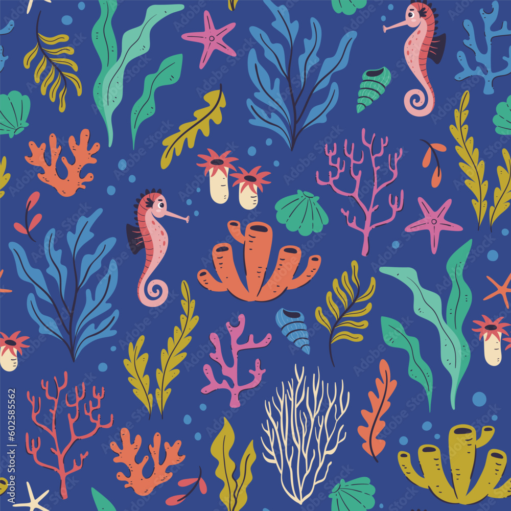 Naklejka premium Marine life pattern. Cute sealife seamless pattern full of coral and seaweed isolated on blue background. Hand-drawn vector illustration.