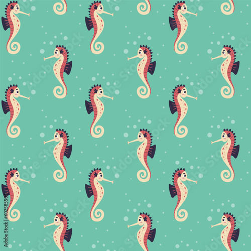 Cute seahorse seamless pattern with decorative bubbles, isolated on turquoise background. Hand-drawn vector illustration.