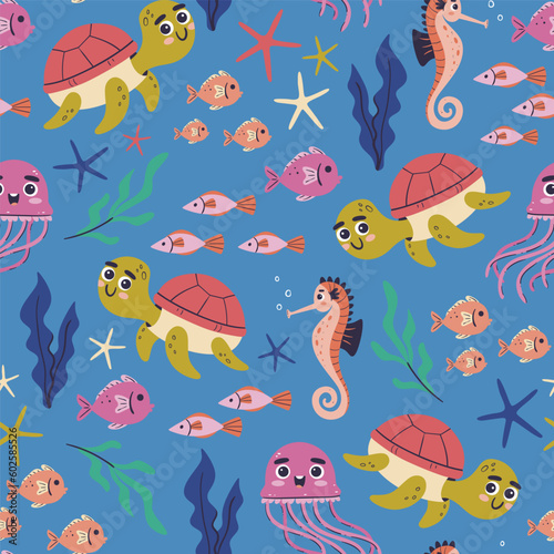 Sea animals seamless pattern. Cute seahorses and sea turtles swimming in the sea with jellyfish  seaweed and fish. Isolated elements on blue background. Hand-drawn vector illustration.