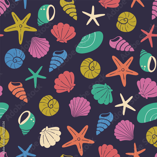 Seashell seamless pattern. Marine background decorative elements isolated on dark background. Hand-drawn colorful vector illustration.