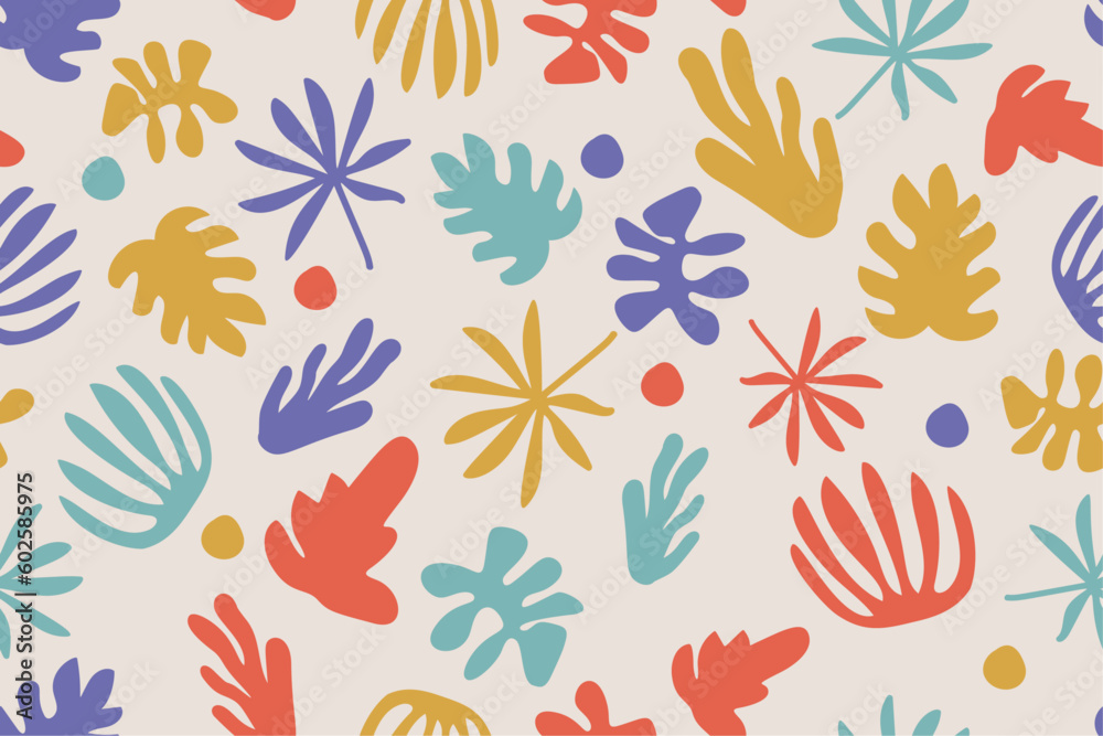 Abstract seamless pattern with hand drawn tropical leaves and organic shapes. Colorful vector background.
