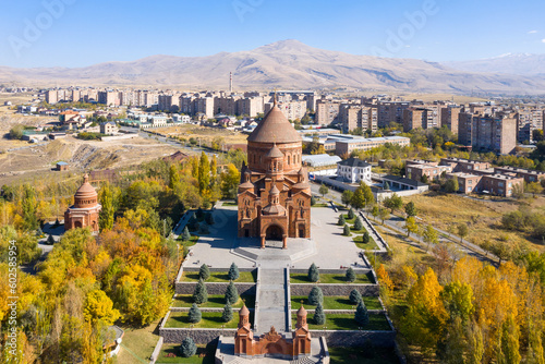 Aerial view of Saint John Church and Abovyan town on sunny autumn day. Kotayk Province, Armenia. photo