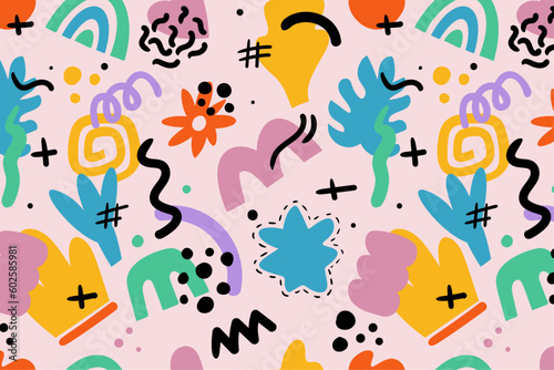 Abstract eamless pattern with colorful hand drawn doodle organic shapes. Vector illustration.