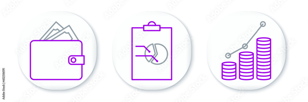 Set line Pie chart infographic and coin, Wallet with stacks paper money cash and Clipboard icon. Vector Set line Pie chart infographic and coin, Wallet with stacks paper money cash and Clipboard icon. Vector