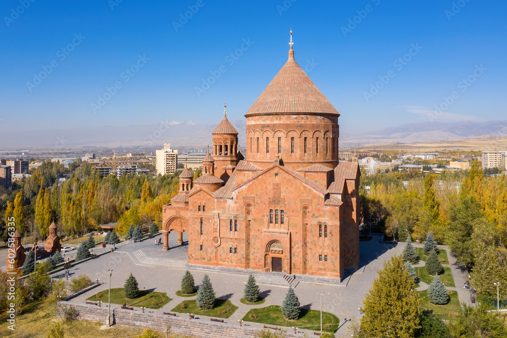 Drone view of Saint John Church on sunny autumn day. Abovyan town, Kotayk Province, Armenia.