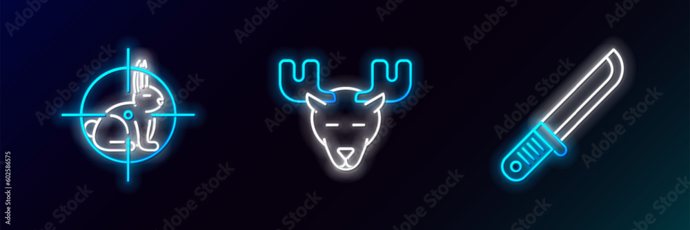 Set line Hunter knife, on rabbit with crosshairs and Moose head horns icon. Glowing neon. Vector Set line Hunter knife, on rabbit with crosshairs and Moose head horns icon. Glowing neon. Vector
