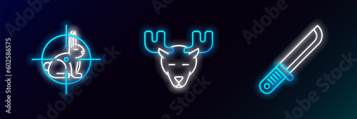Set line Hunter knife, on rabbit with crosshairs and Moose head horns icon. Glowing neon. Vector