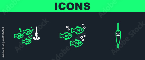 Set line Fishing float, hook under water with fish and icon. Vector