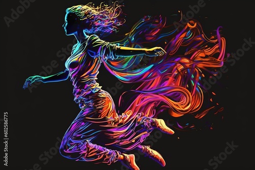 Dancing modern girl moving in colorful neon light.