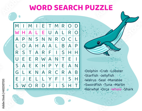 Word search puzzle. Crossword with fish, sea animals.