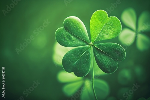 Four - leaf green clover for good luck on St. Patrick's Day, bright green background, holiday concept of spring
