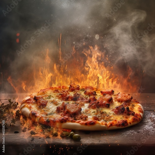 pizza and meat grill on fire, generated by AI