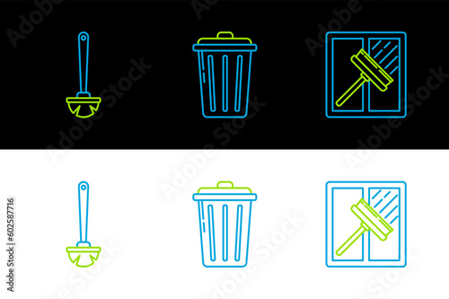 Set line Squeegee, scraper, wiper, Toilet brush and Trash can icon. Vector