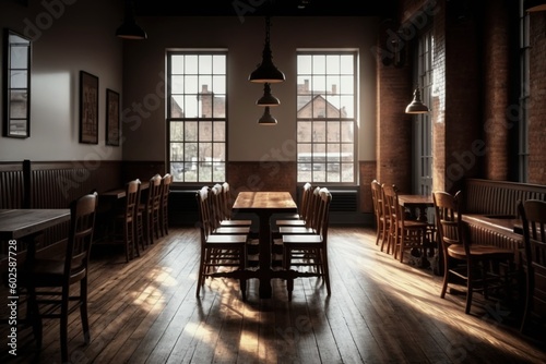 Interior of empty loft cafe with large wooden dining table and chairs