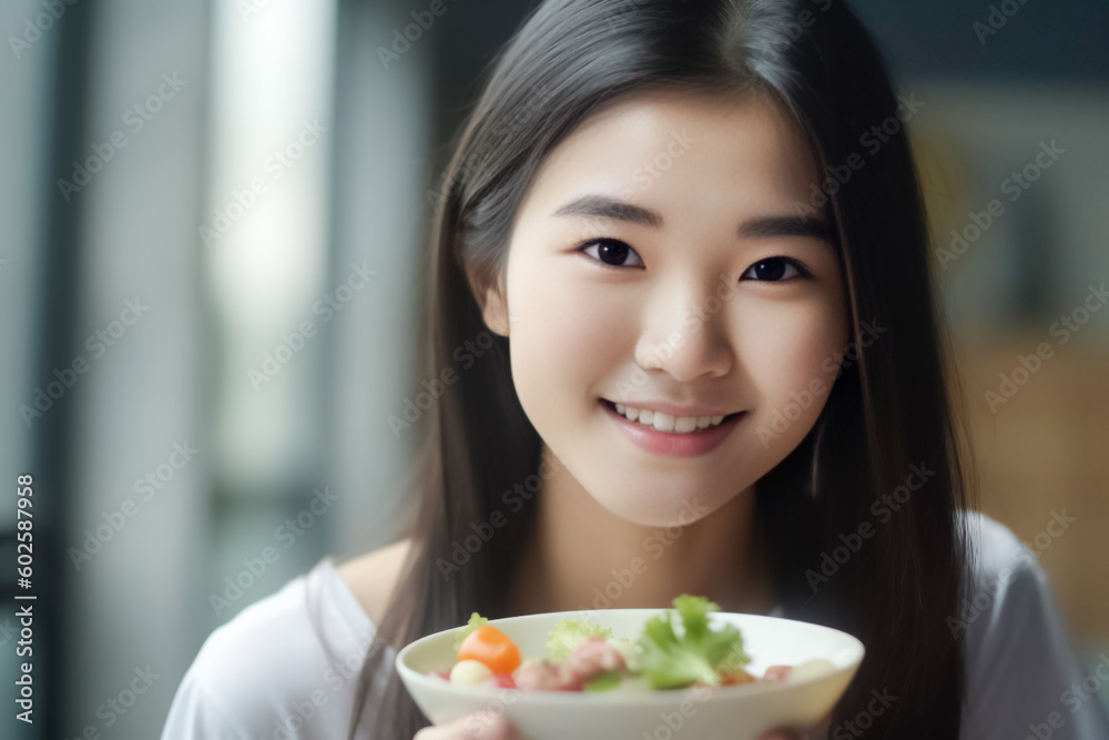 A bowl of healthy salad held by an Asian woman in exercise clothes, promoting good health and wellness at home. generative AI