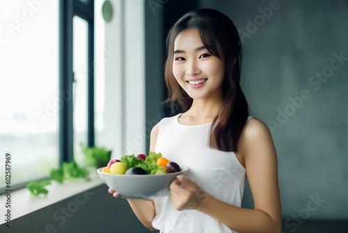 A bowl of healthy salad held by an Asian woman in exercise clothes, promoting good health and wellness at home. generative AI
