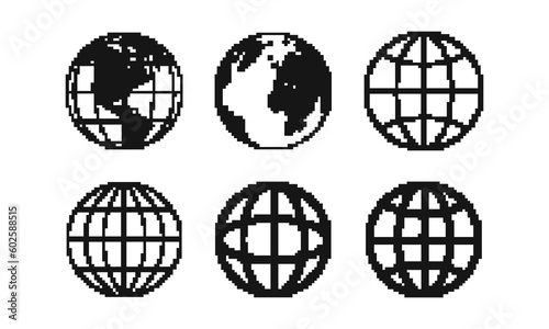 Cool Pixel Planet Earth Y2K Vector Icon. Globe Sign.