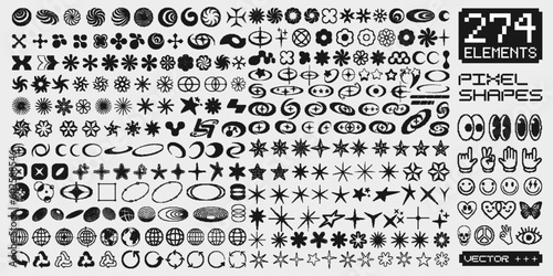 Set Of Retro Pixel Elements. Cool Collection Of Y2K Graphics. Acid Rave Abstract Geometric Shapes Vector Design. photo