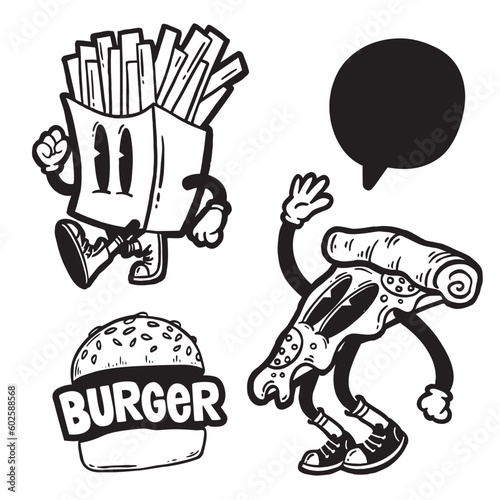 Doodle fast food cartoon character. Retro poster vector illustration.