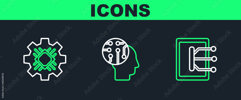 Set line Tablet, Processor and Human brain as digital circuit board icon. Vector Set line Tablet, Processor and Human brain as digital circuit board icon. Vector