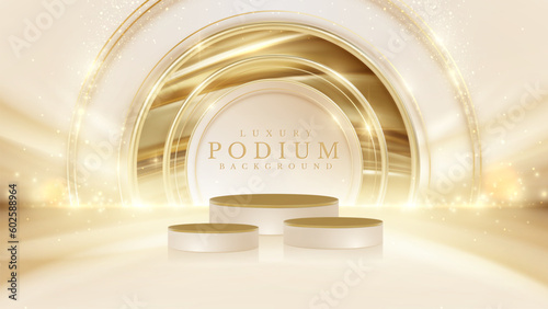 Realistic cream 3d podium pedestal with gold curve on back and light effect decoration and bokeh. Vector illustration.