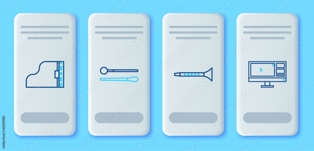 Set line Drum sticks, Clarinet, Grand piano and Video recorder or editor software on monitor icon. Vector Set line Drum sticks, Clarinet, Grand piano and Video recorder or editor software on monitor icon. Vector