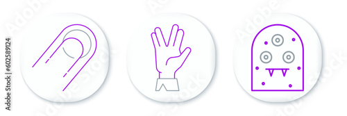 Fotografie Set line Alien, Satellite and Vulcan salute icon. Vector