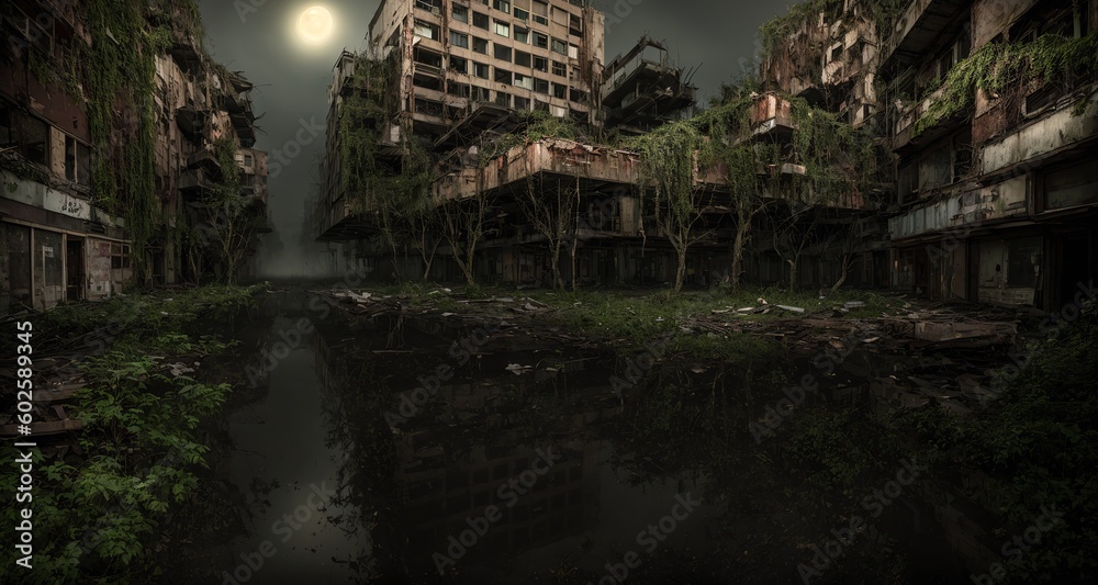 Night's Veiled Canvas: Enchanted Post-Apocalyptic City. Overgrown Concrete Jungle. Urban Decay. Abandoned Shopping Center (generative ai)