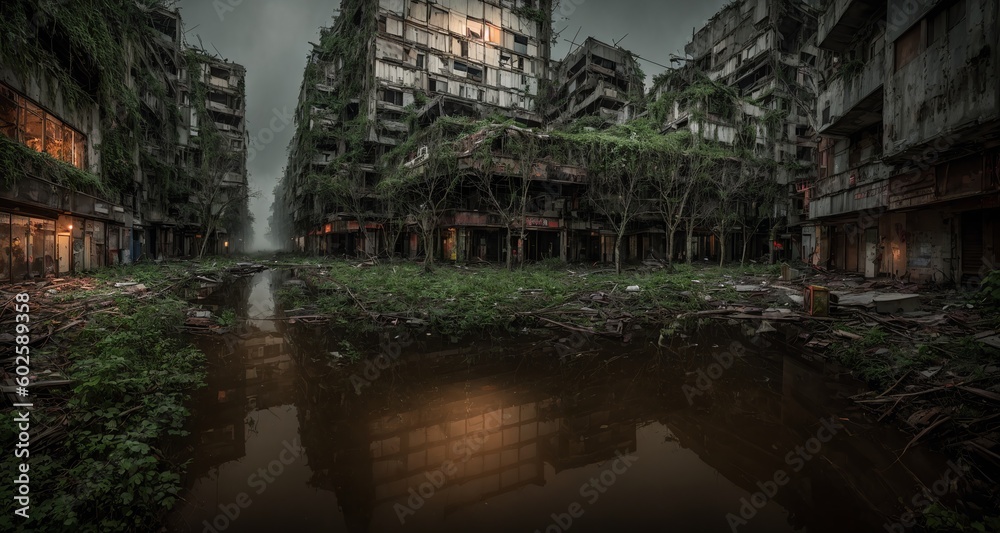 The Silent Glow of Nature: Hyper-Realistic Urban Decay. Post Apocalyptic City Ruins. Abandoned Buildings in the Evening. (generative ai)